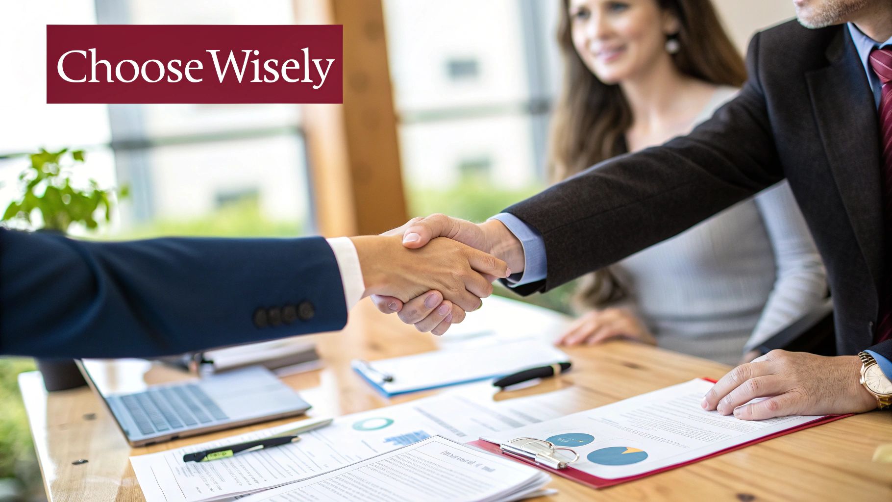 Two business professionals shaking hands in a bright, modern office, symbolizing a successful partnership with an ISO consultant.
