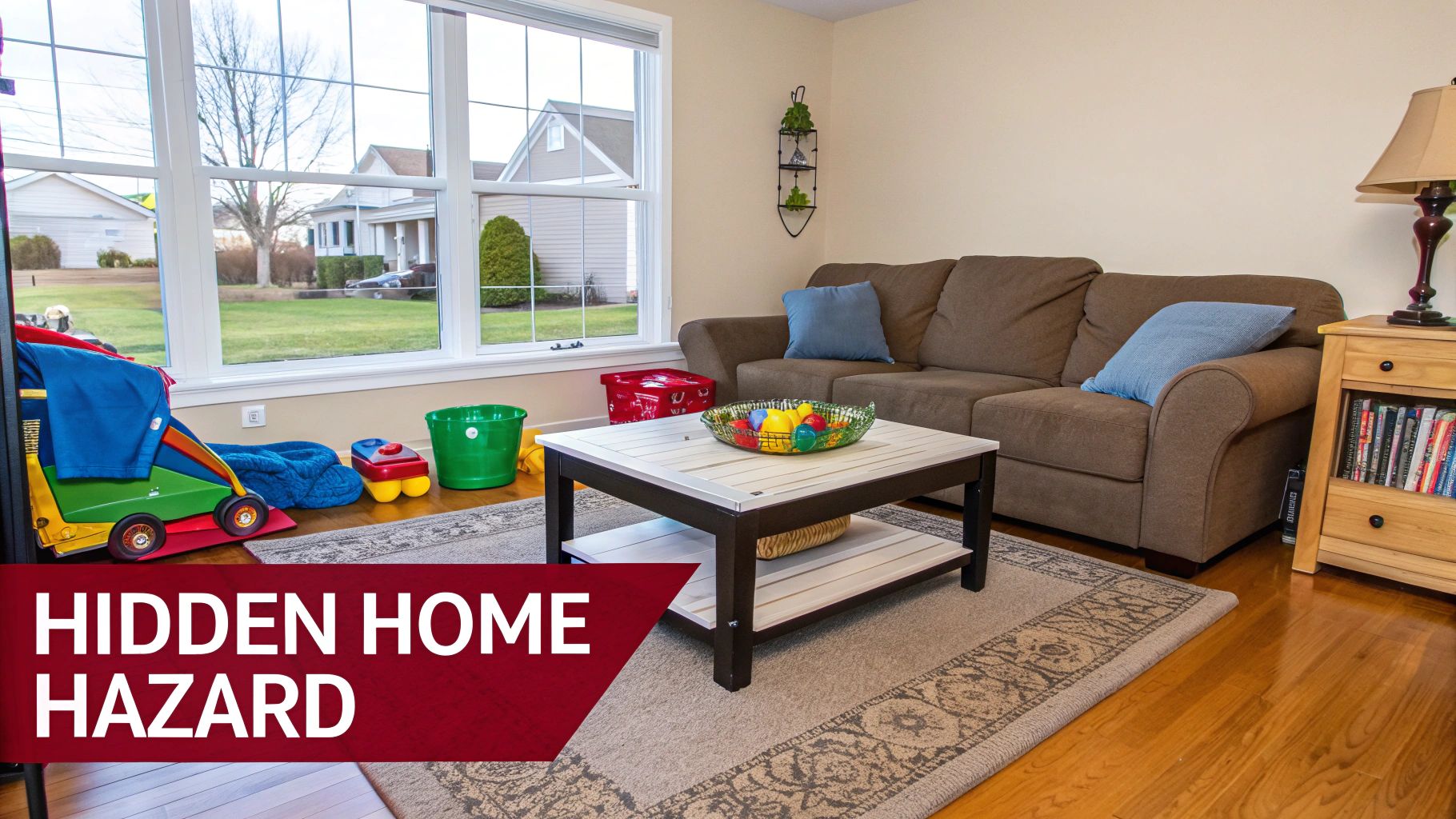 A bright living room scene with children's toys by a window, indicating potential home hazards.