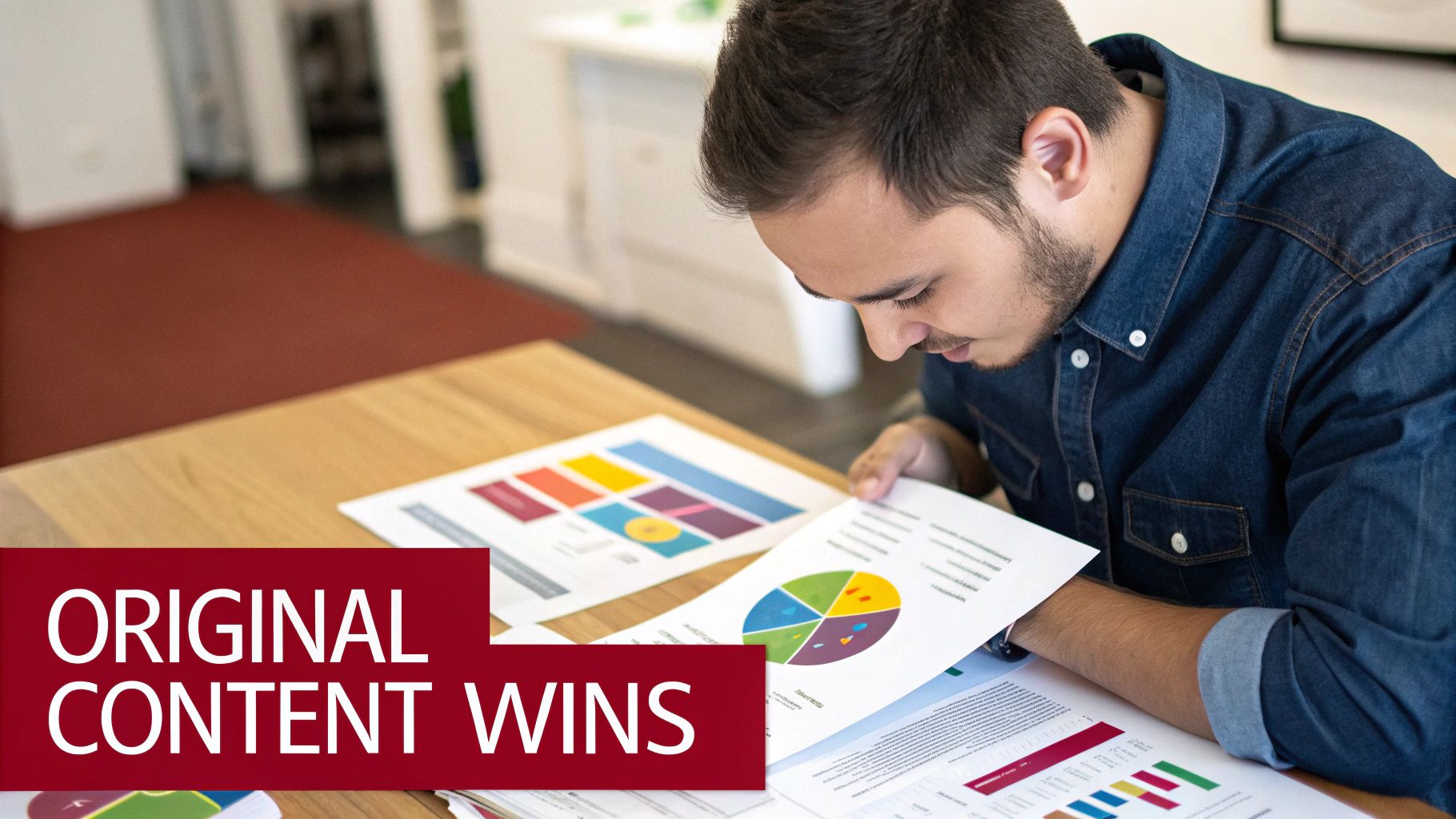 A man reviews documents displaying colorful data charts and graphs on a table, with 'ORIGINAL CONTENT WINS' overlaid.