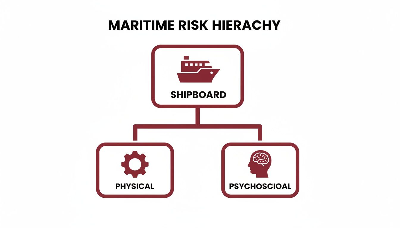 A diagram illustrating the maritime risk hierarchy, categorizing shipboard risks into physical and psychosocial factors.