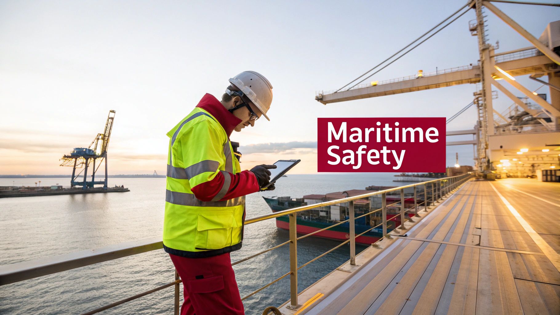 Worker in safety gear on a ship or dock overlooking a harbor with cranes and a container vessel at dusk.