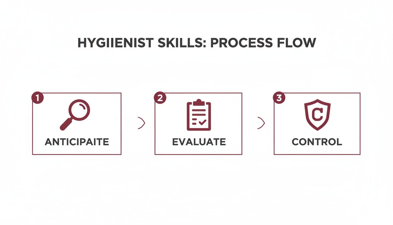 A process flow diagram illustrating hygienist skills: Anticipate, Evaluate, and Control, with icons.