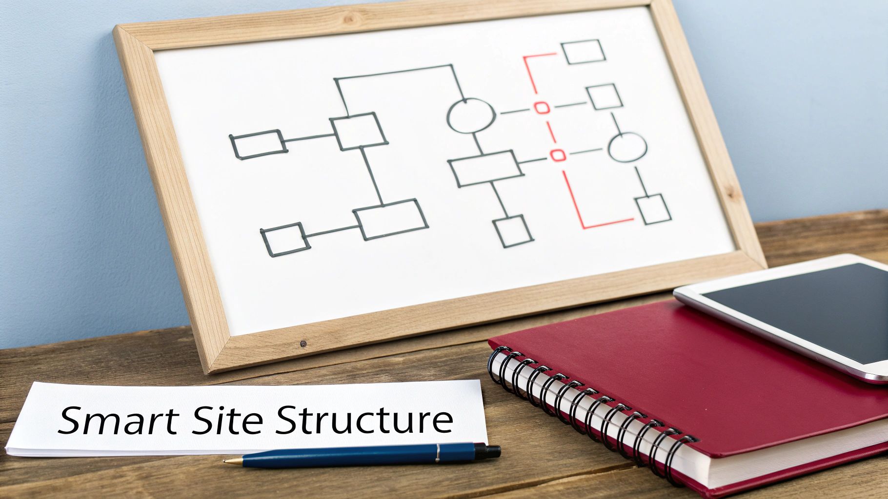 A whiteboard displays a site structure flowchart. A paper reads 'Smart Site Structure' with a pen, notebook, and tablet.