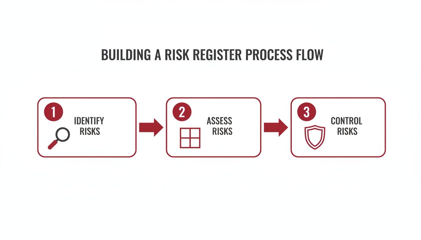 A process flow diagram showing three steps to building a risk register: identify, assess, and control risks.