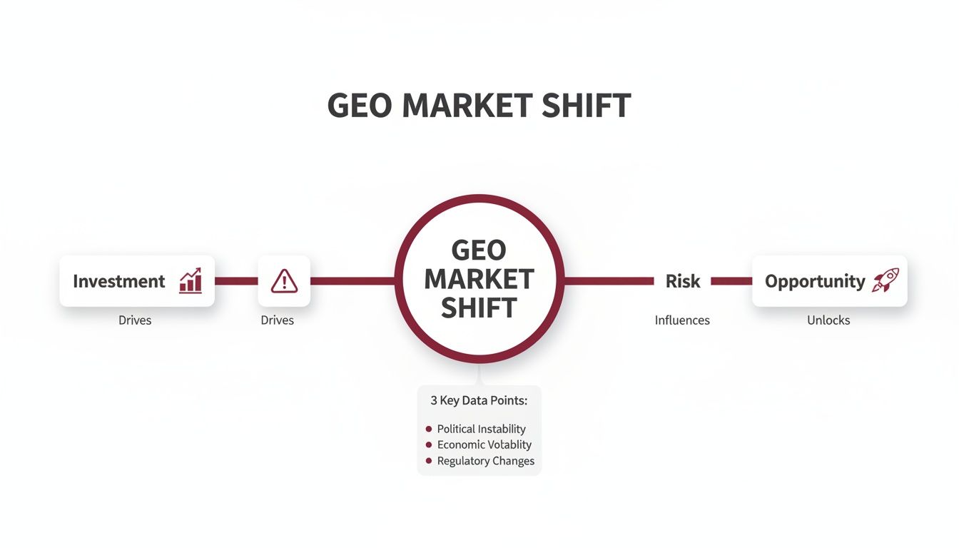 A diagram illustrating Geo Market Shift, showing investment and risk factors driving it towards opportunities.