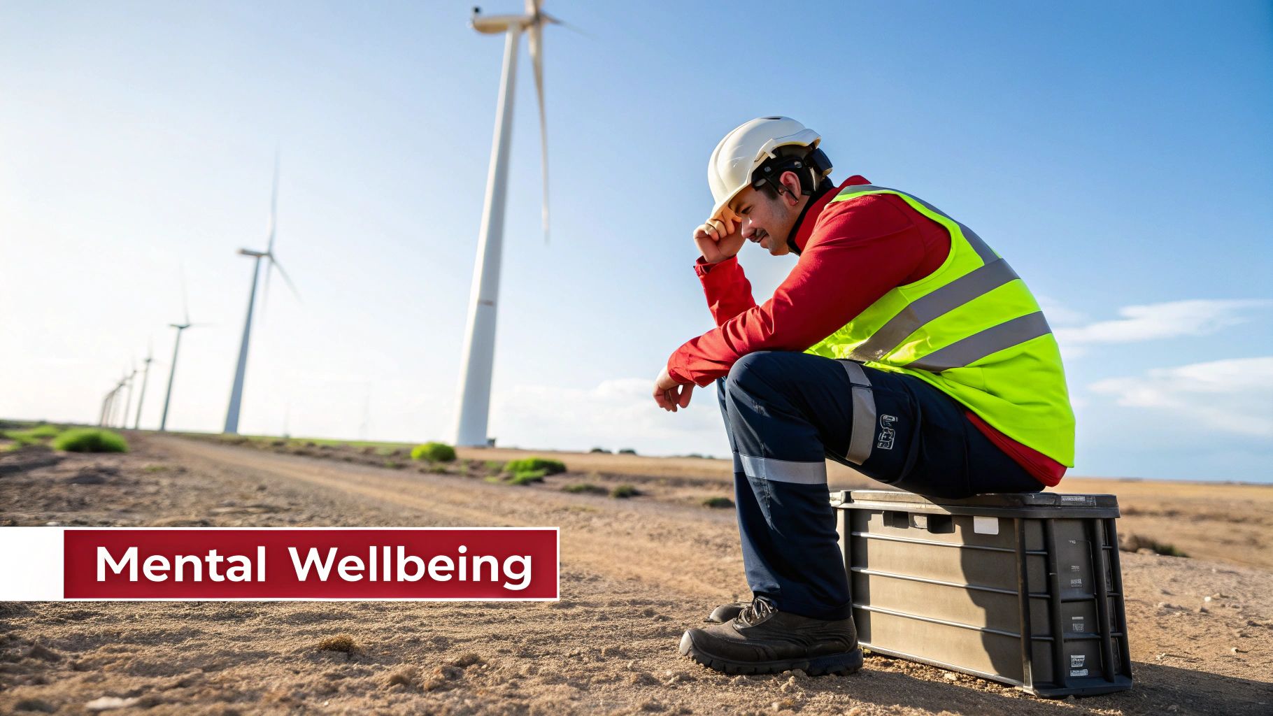 A distressed worker in a hard hat and safety vest sits on a crate at a wind farm, with 'Mental Wellbeing' text.