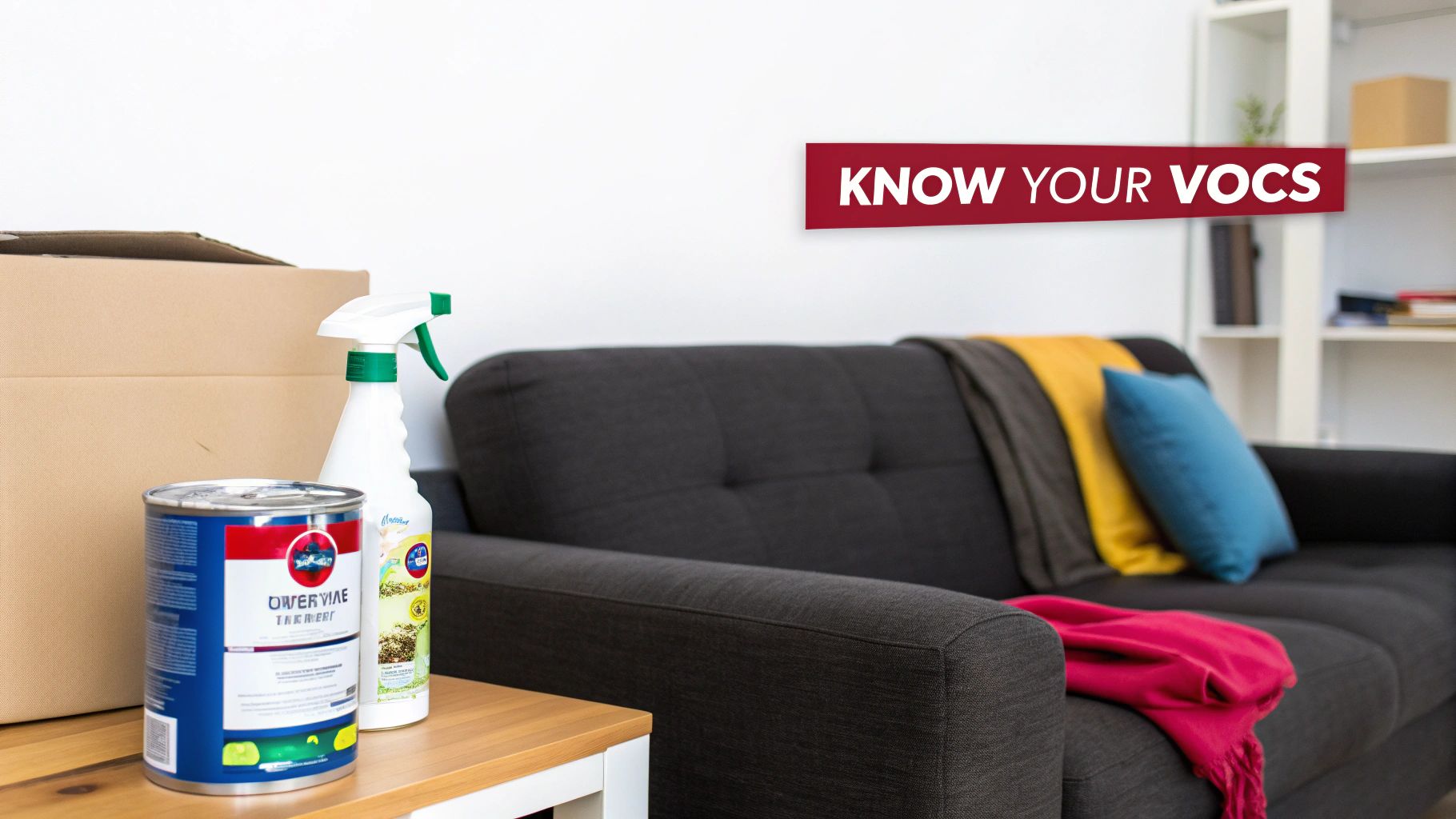 A modern, clean living room with new furniture and fresh paint, subtly hinting at potential sources of VOCs.