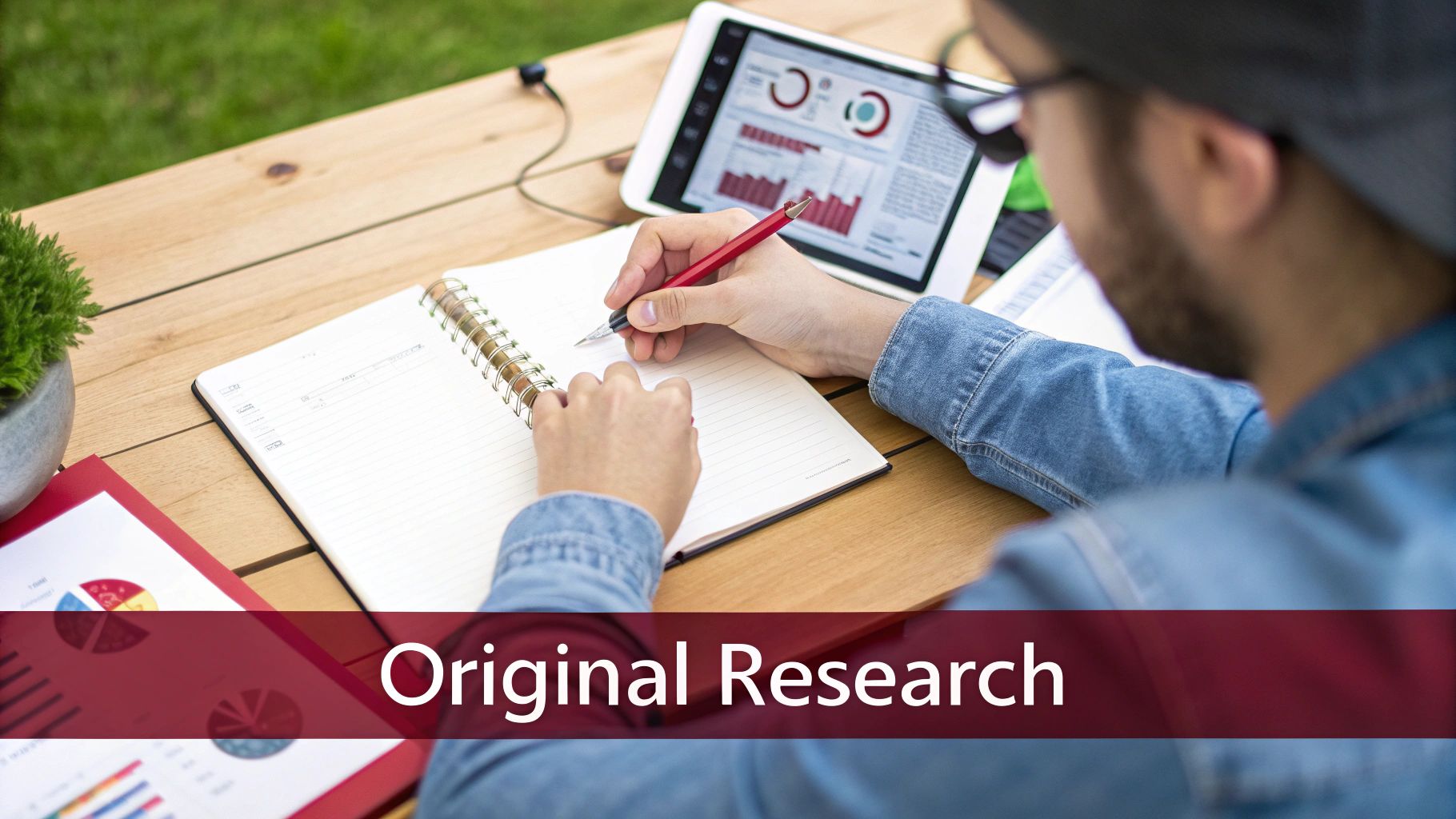 A person writes in a notebook, analyzing data charts on a tablet for original research.