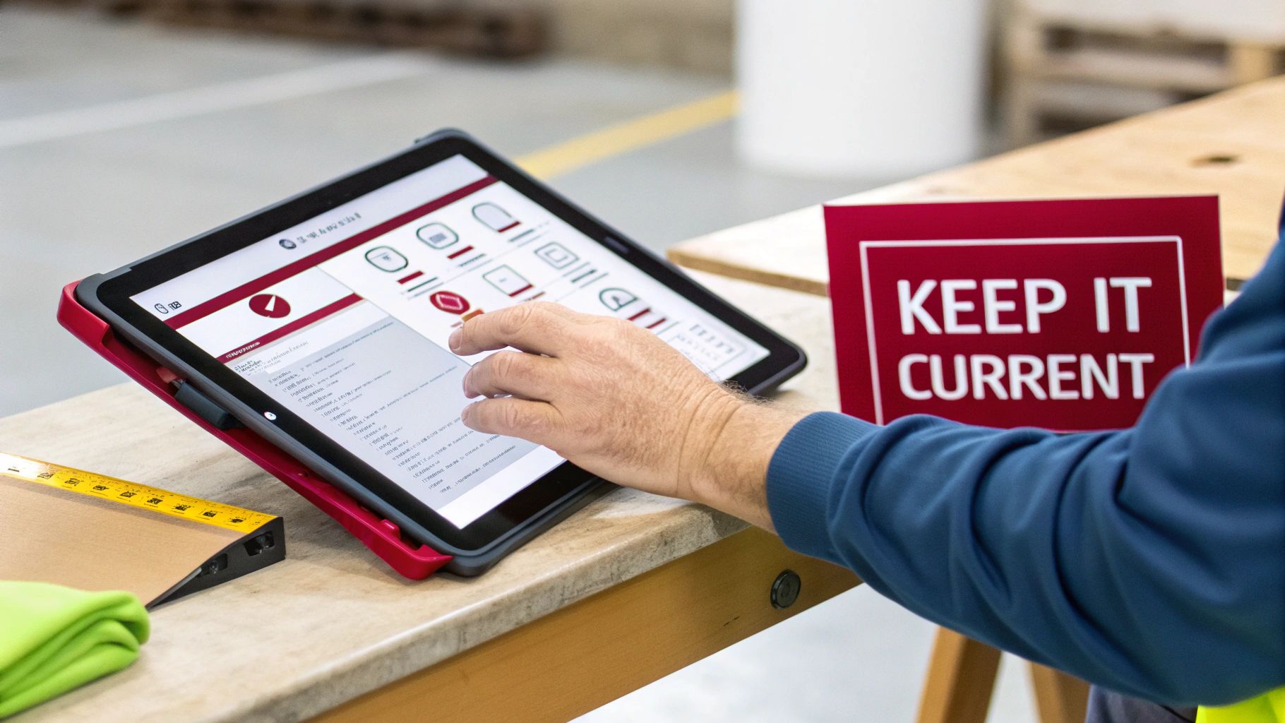 A person's hand interacts with a tablet displaying data and icons, next to a 'KEEP IT CURRENT' sign.
