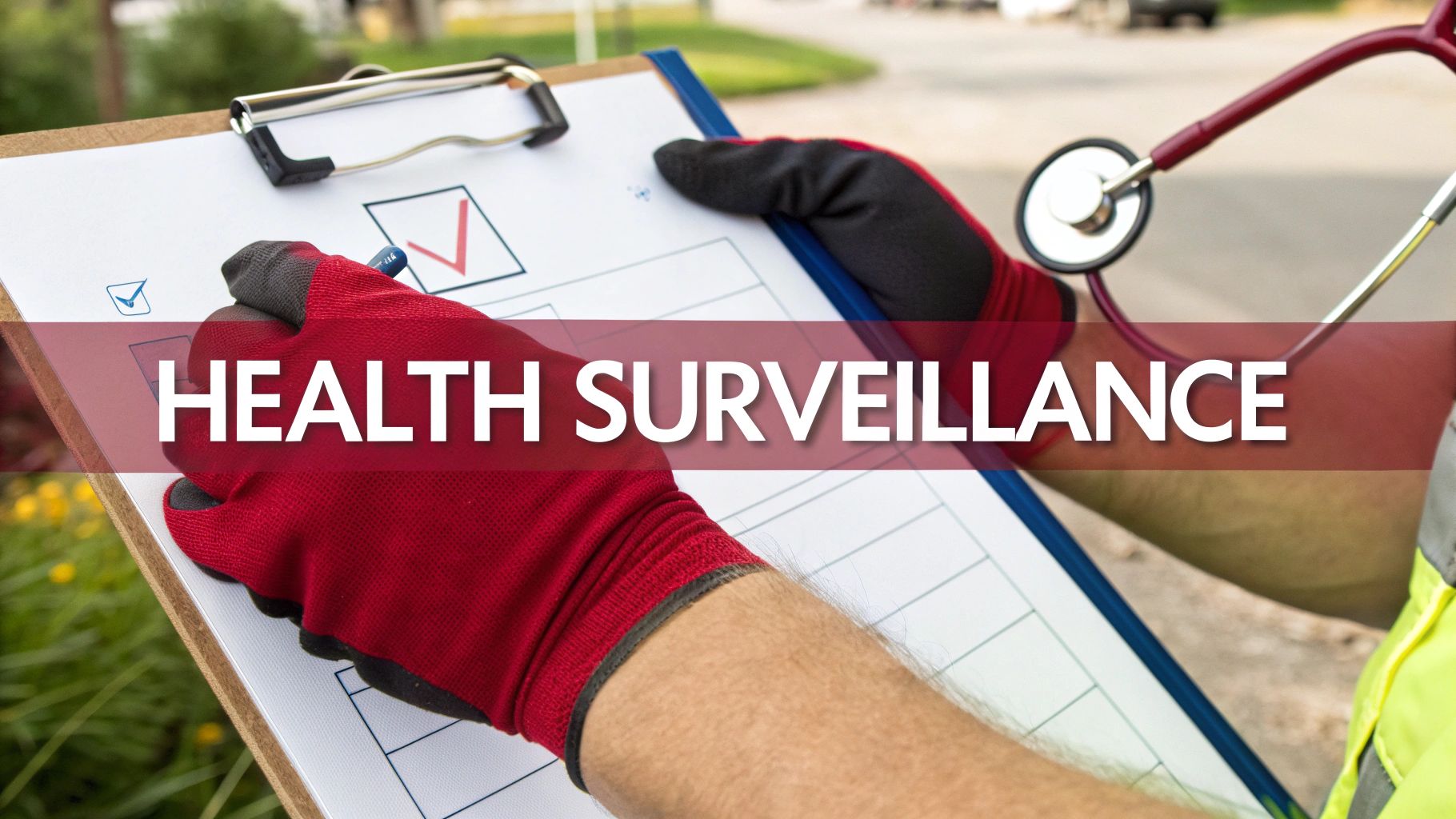 Hands in red gloves writing a checkmark on a clipboard with a stethoscope and 'HEALTH SURVEILLANCE' text.