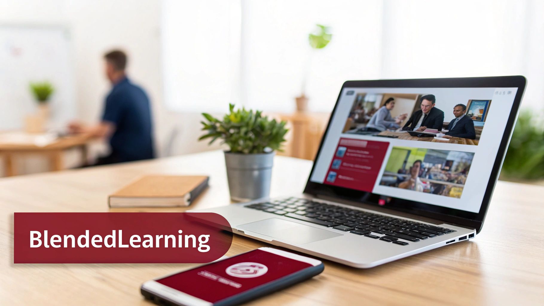 Laptop on a desk showing a blended learning platform, alongside a smartphone and a book, with 'BlendedLearning' text.