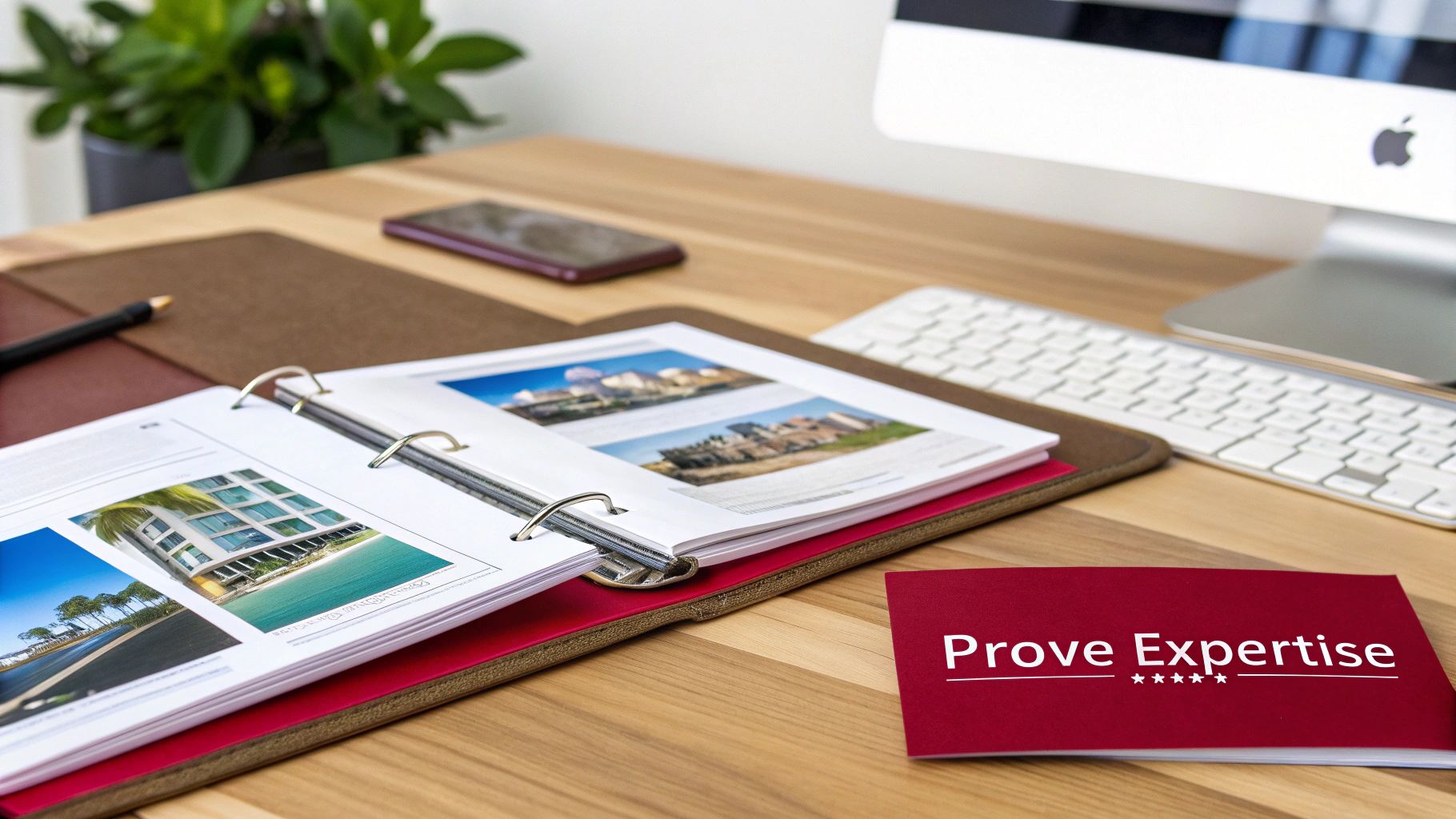 A professional desk setup featuring an open binder with property images, a 'Prove Expertise' booklet, and an Apple computer.