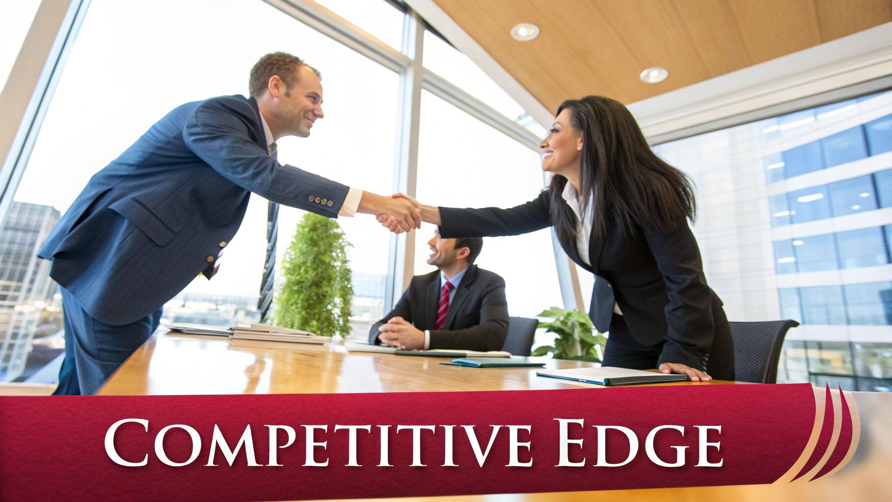 Two business professionals shaking hands in a bright, modern office, symbolizing a new partnership secured through trust and compliance.