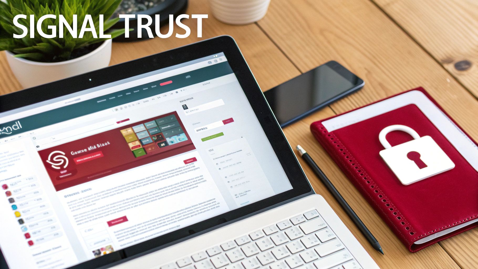 A laptop on a wooden desk displays a website, alongside a phone, and a red notebook with a white padlock, symbolizing digital trust.
