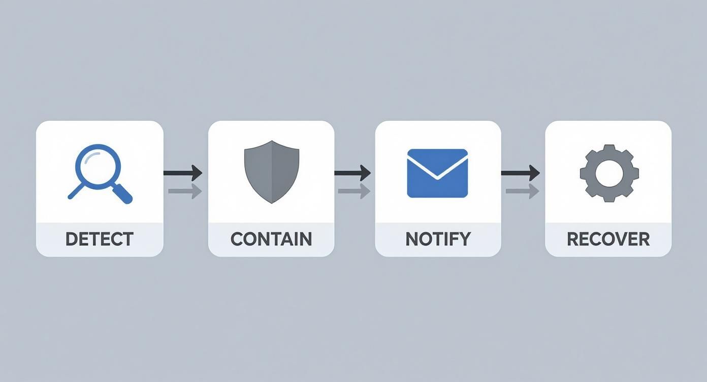 Four-step data breach response plan showing detect, contain, notify, and recover phases with icons