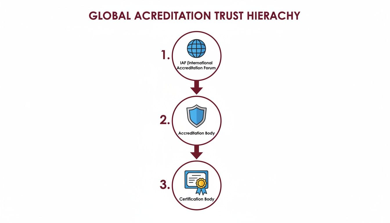 Diagram illustrating the Global Accreditation Trust Hierarchy, from IAF to Accreditation and Certification Bodies.