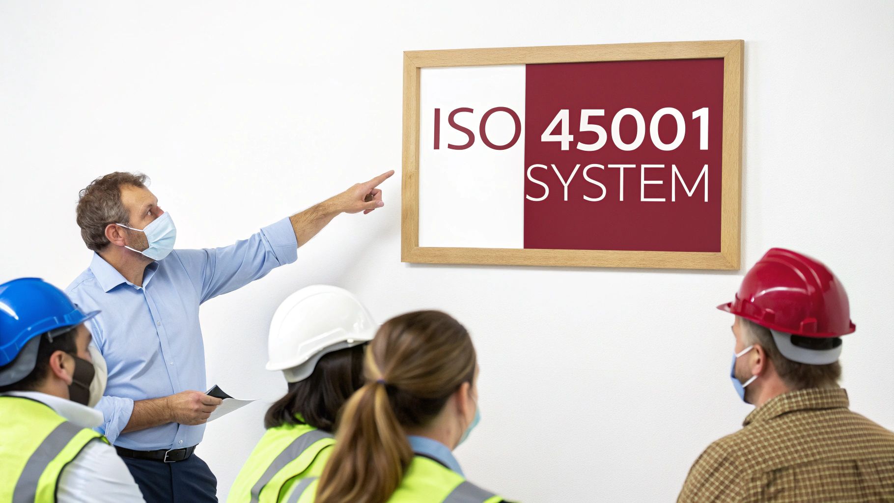 Instructor in mask pointing at ISO 45001 SYSTEM sign to diverse construction workers.
