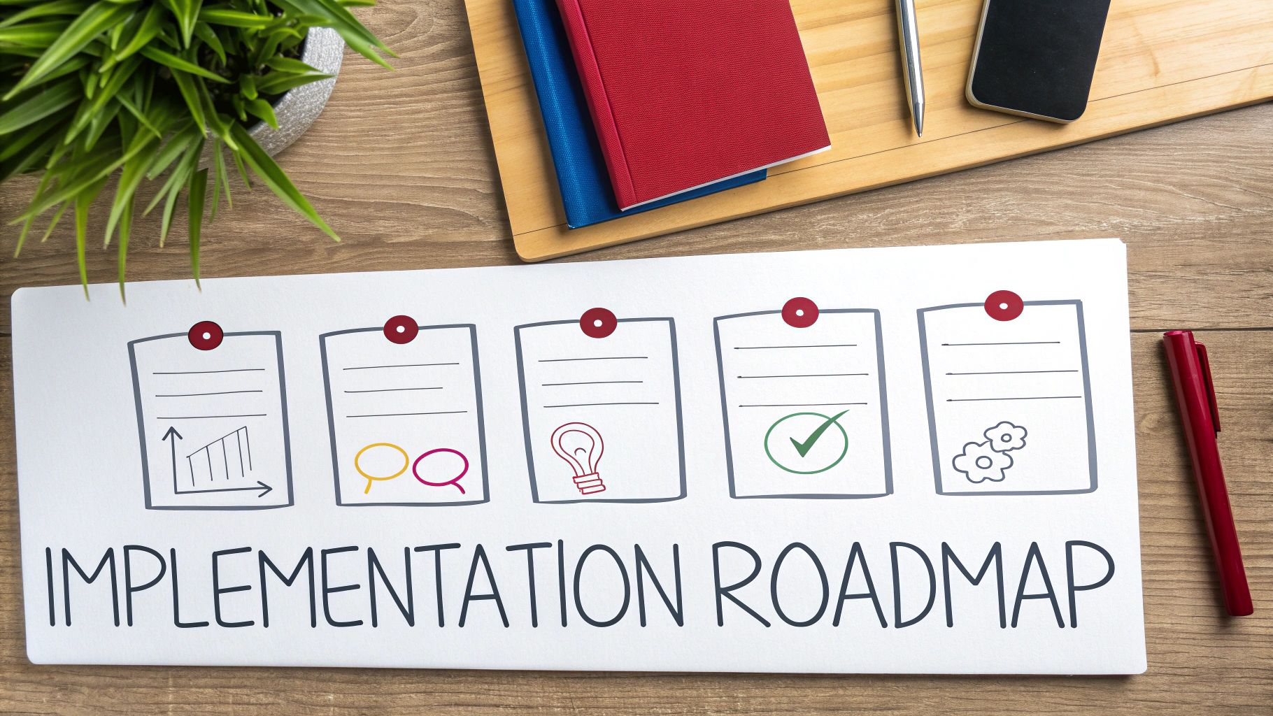 An overhead view of an implementation roadmap with five stages, featuring icons for data, communication, ideas, and completion.