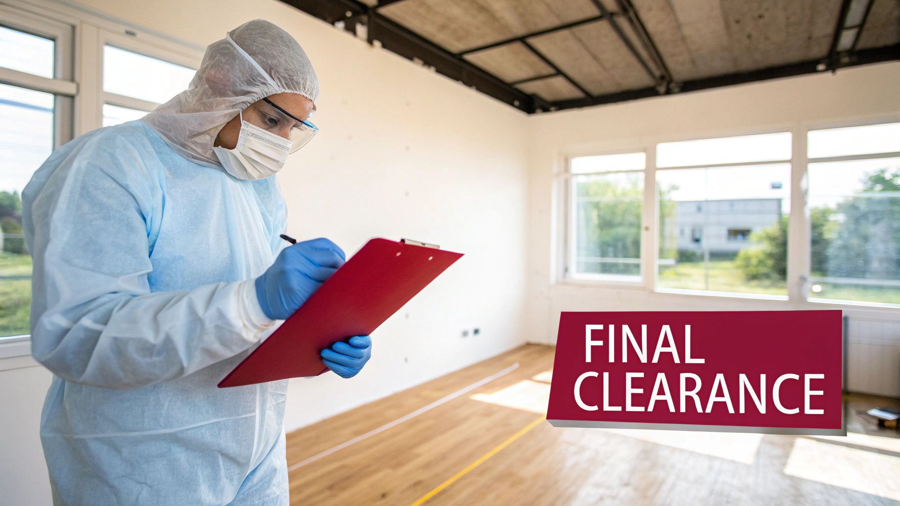 A person in a protective suit inspects a room while writing on a clipboard, with a 'FINAL CLEARANCE' sign.