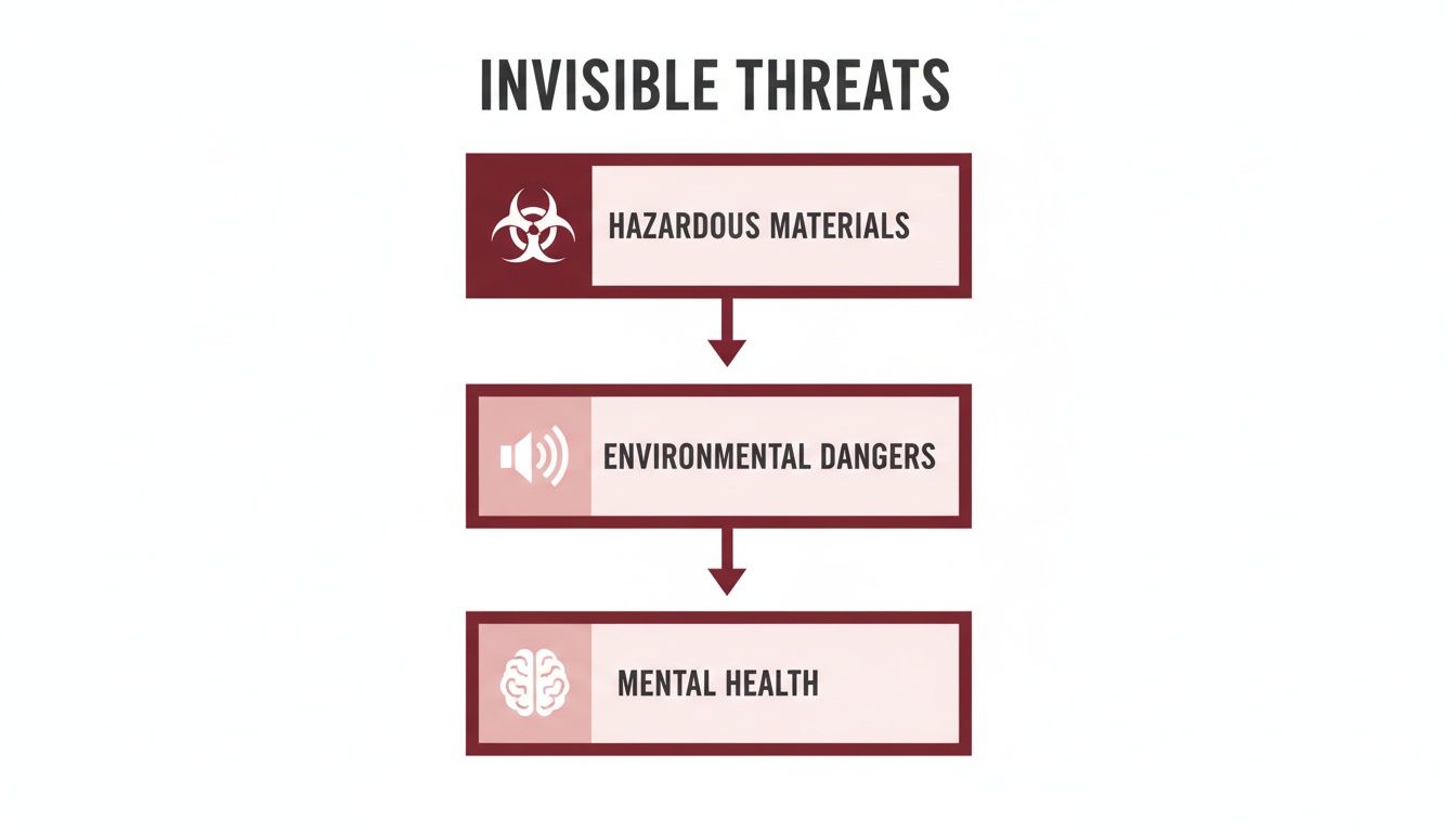 A flowchart diagram illustrating three categories of invisible threats: hazardous materials, environmental dangers, and mental health.