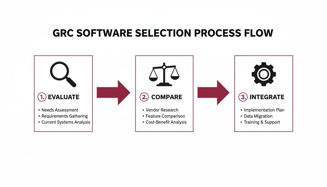 Flowchart detailing the three-step GRC software selection process: evaluate, compare, and integrate.