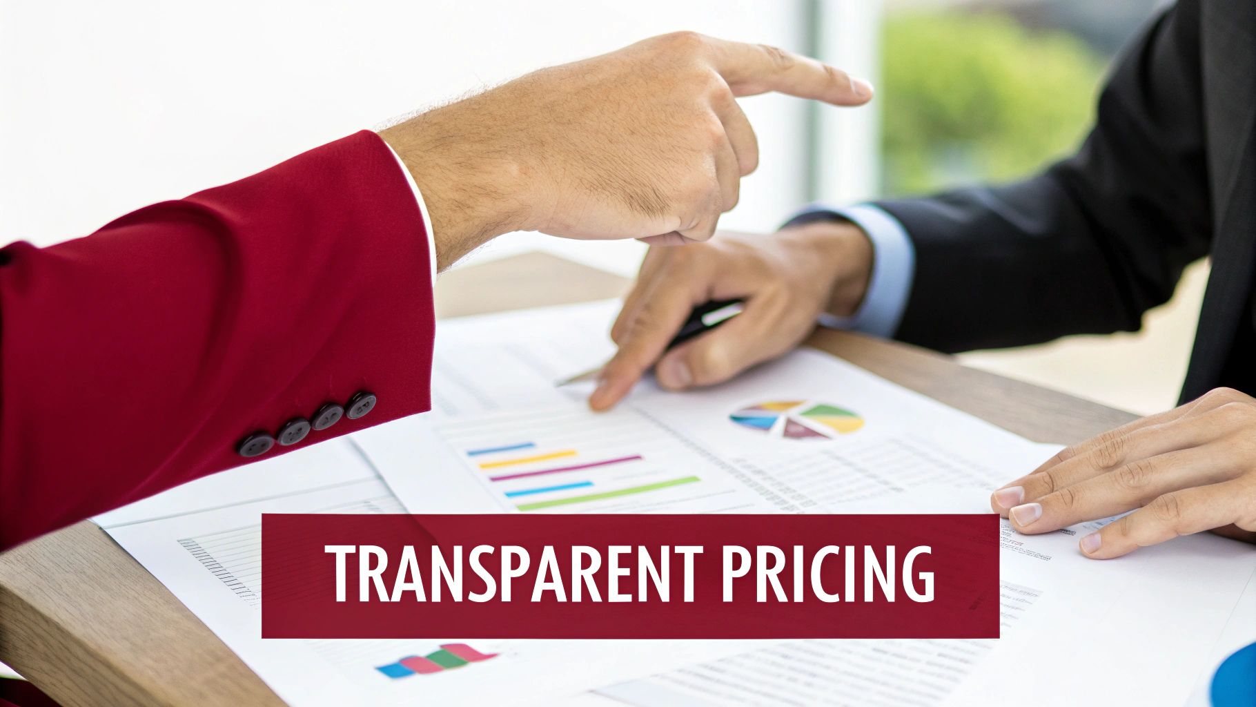 Two business professionals discussing financial data and charts on a table, with 'Transparent Pricing' banner.