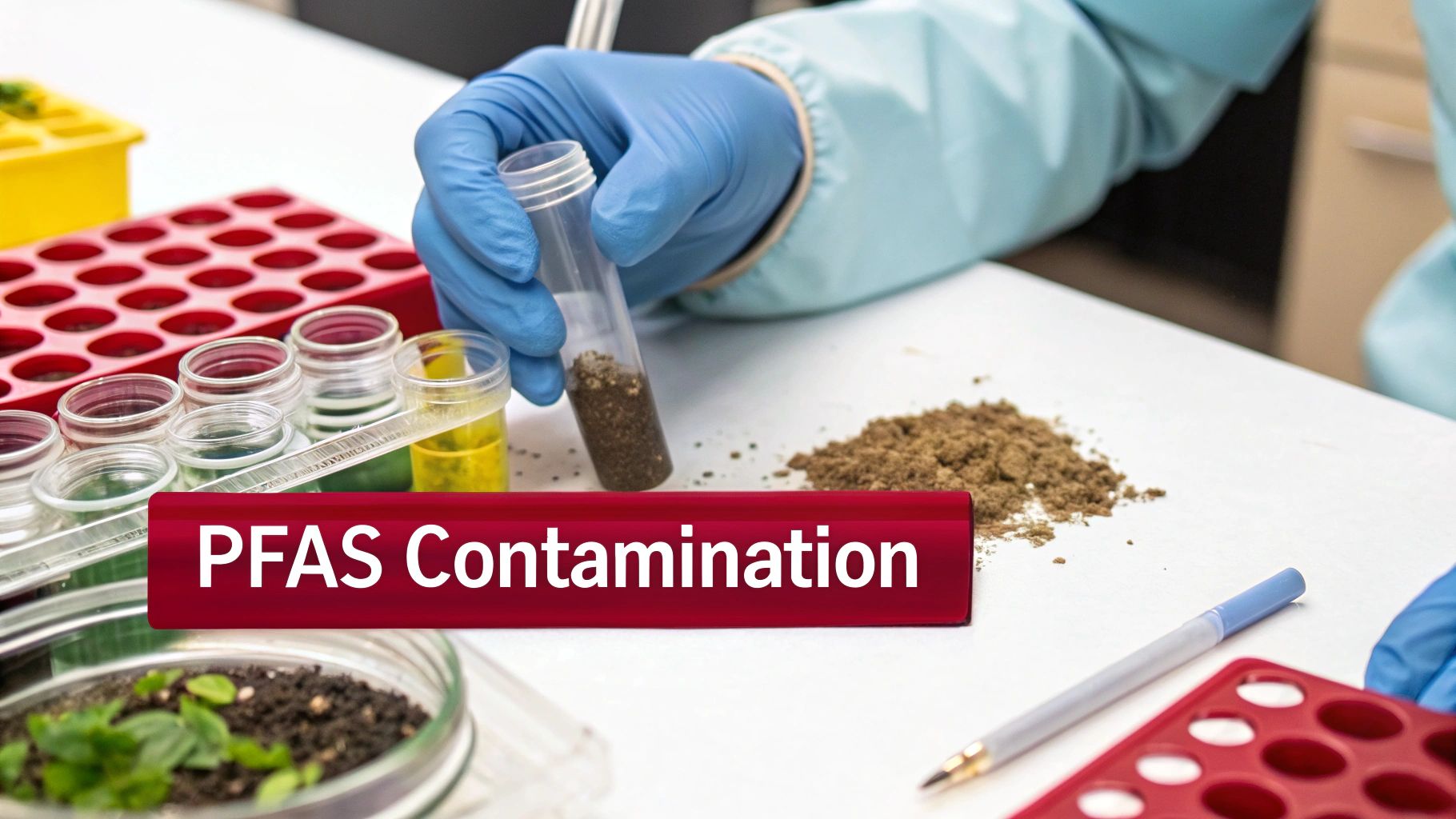 A lab technician in blue gloves examines soil and liquid samples for PFAS contamination on a white table.