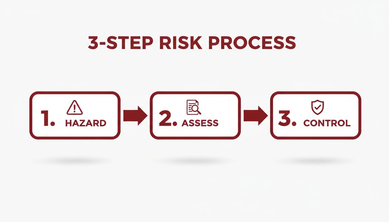 A 3-step risk management process flowchart showing hazard identification, assessment, and control.