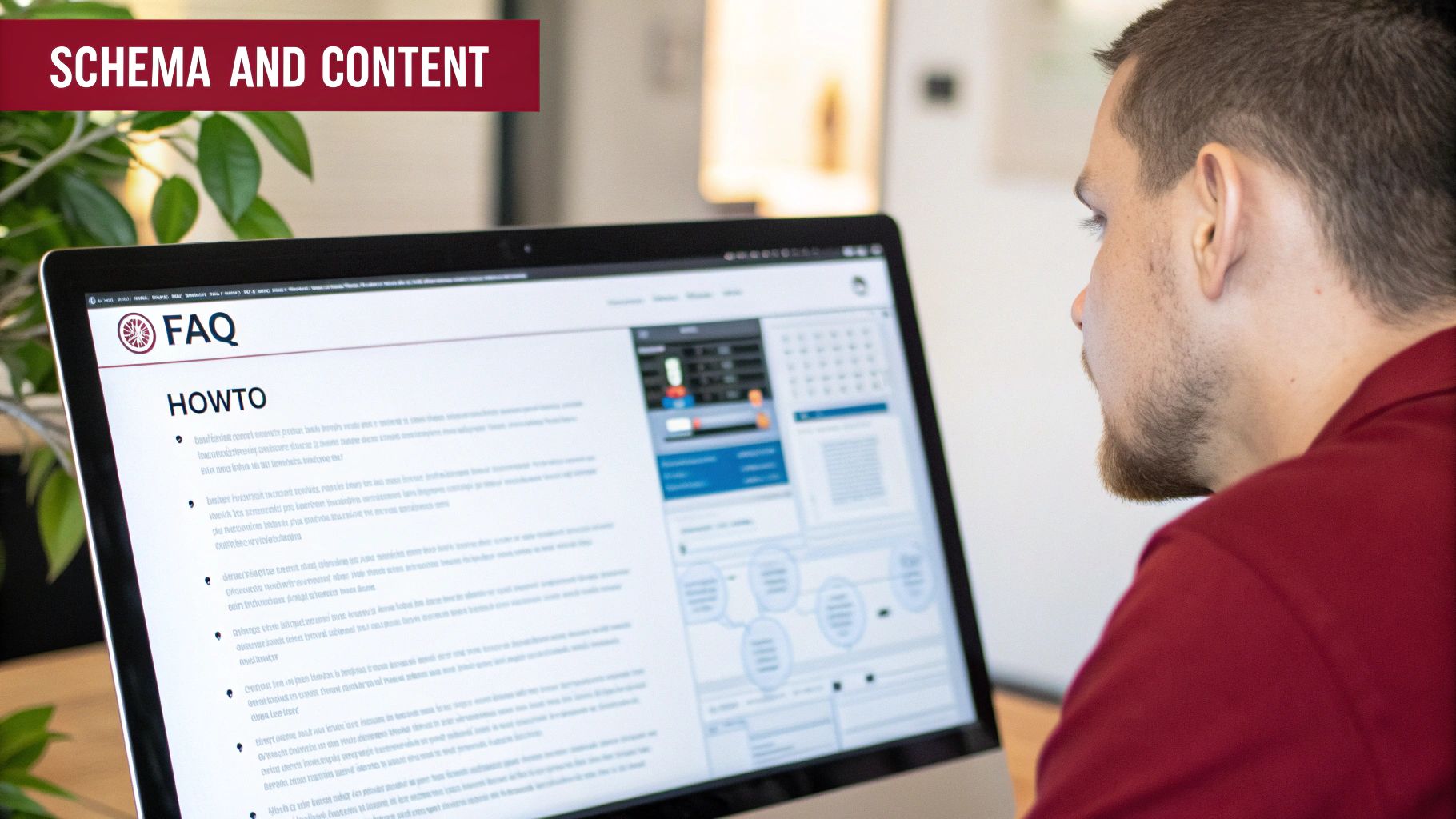 A man in a red shirt views a computer screen displaying an FAQ how-to guide with text and diagrams, labeled 'SCHEMA AND CONTENT'.