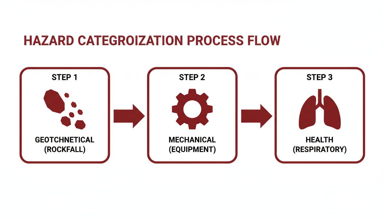 Hazard categorization process flow diagram illustrating geotechnical, mechanical, and health hazards.