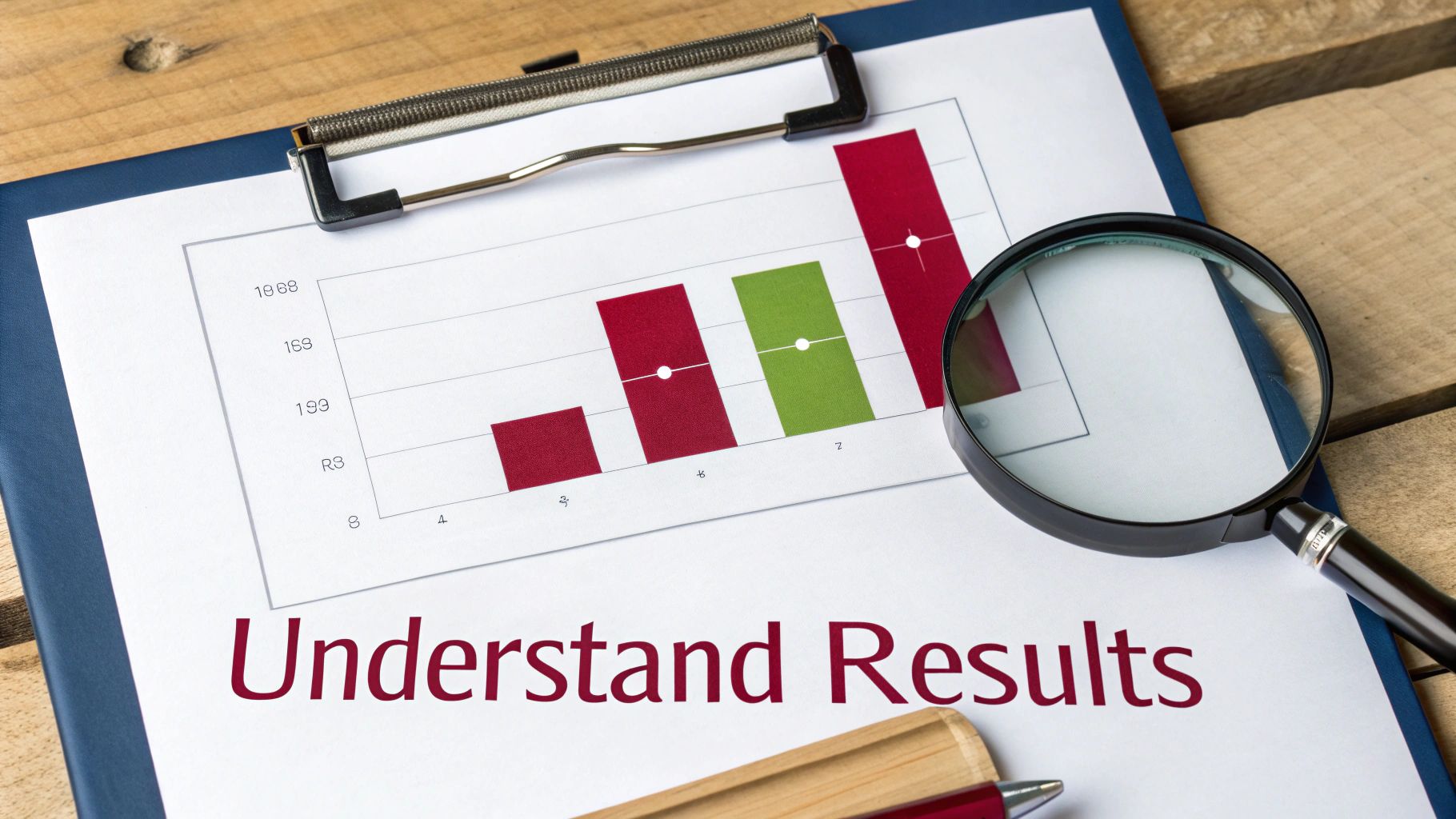 Document with bar chart, magnifying glass, and 'Understand Results' text on a wooden desk.