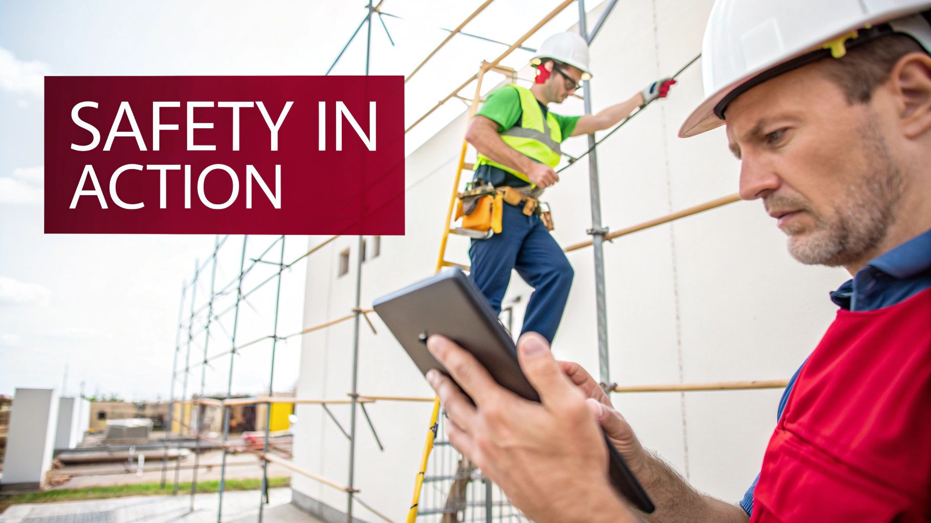 Construction workers at a site, one on scaffolding, another inspecting with a tablet, with 'SAFETY IN ACTION' text.