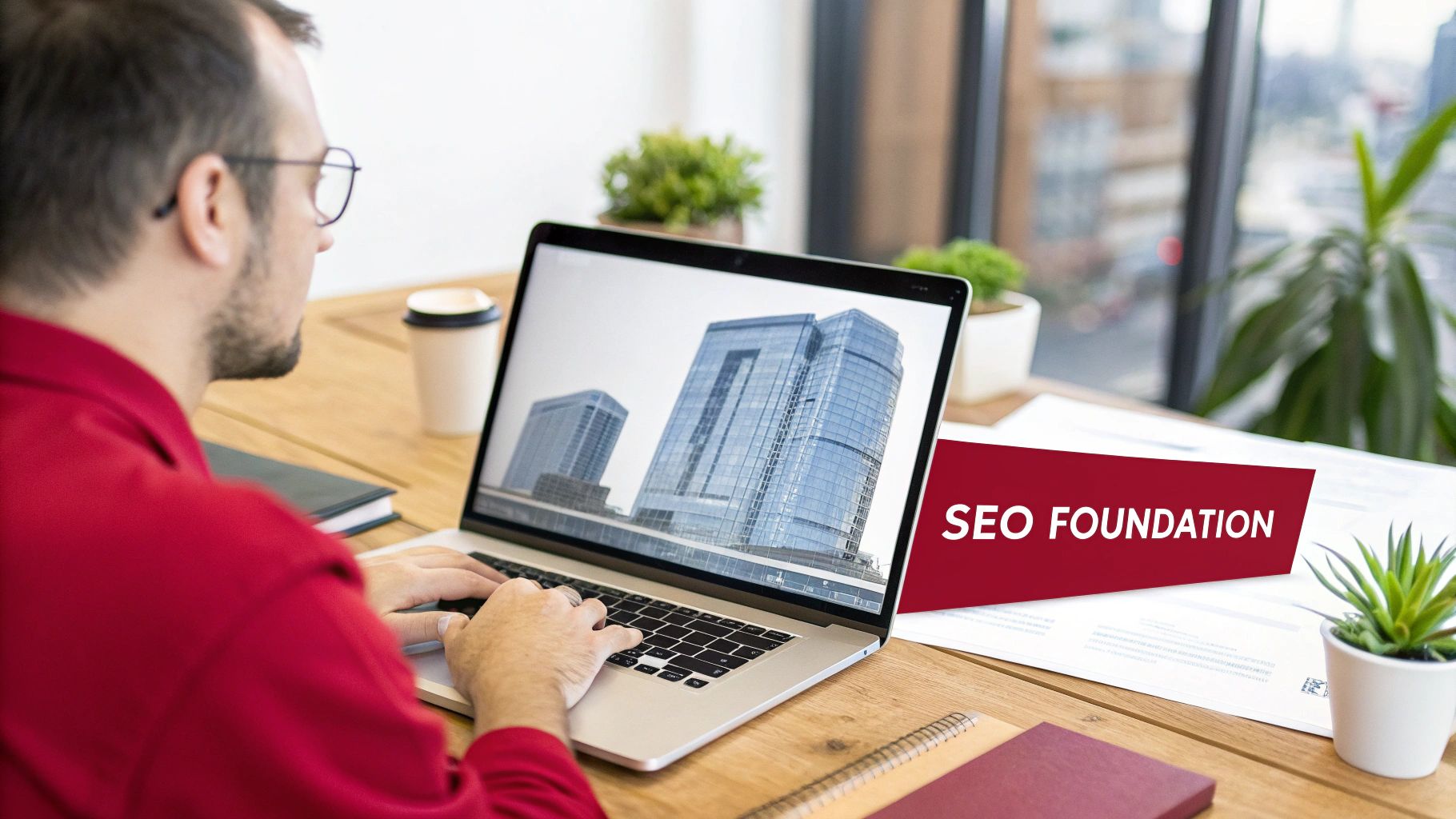 Man in red shirt typing on a laptop showing modern buildings, with an 'SEO FOUNDATION' banner on the desk.