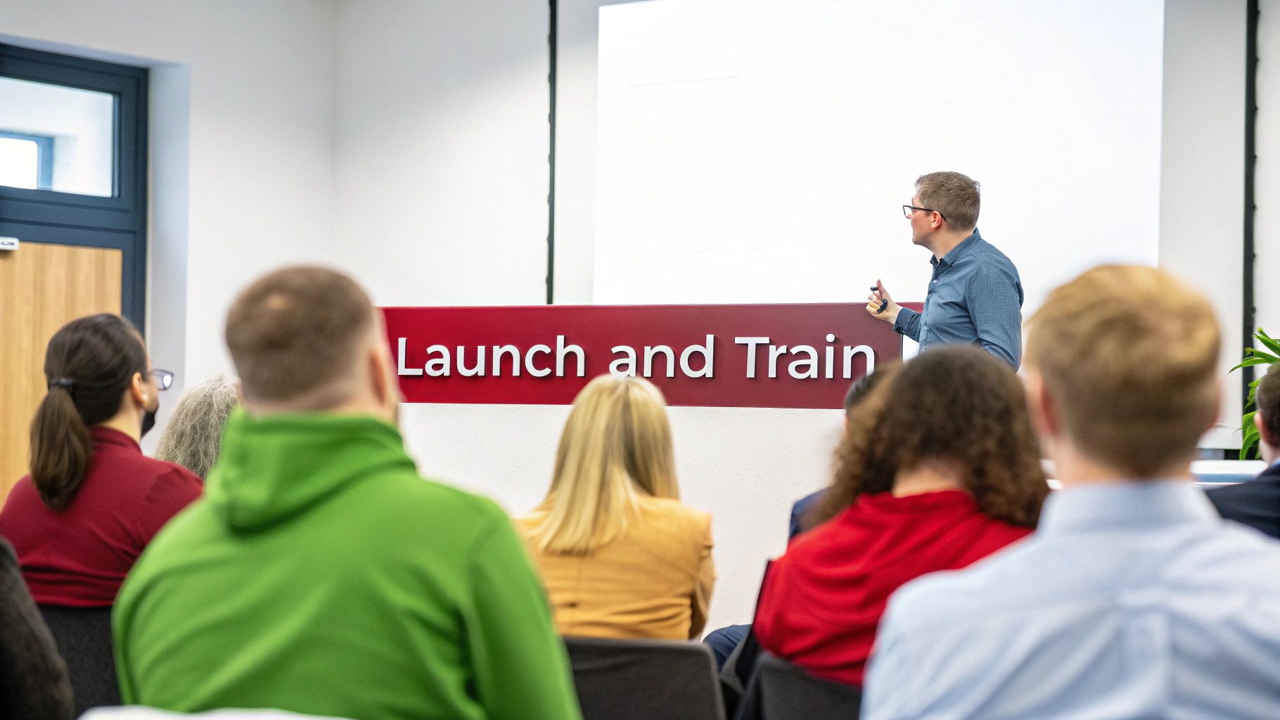 A man presents 'Launch and Train' to an audience in a bright conference room.