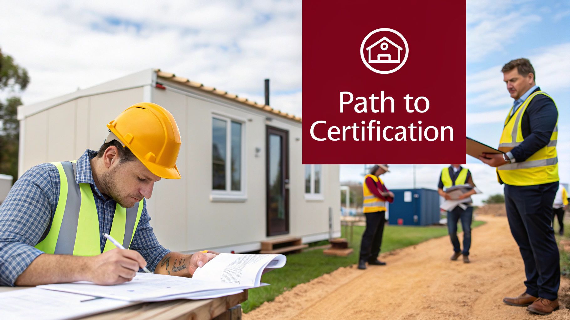 Construction professionals on a job site with portable buildings, reviewing documents, and a 'Path to Certification' overlay.