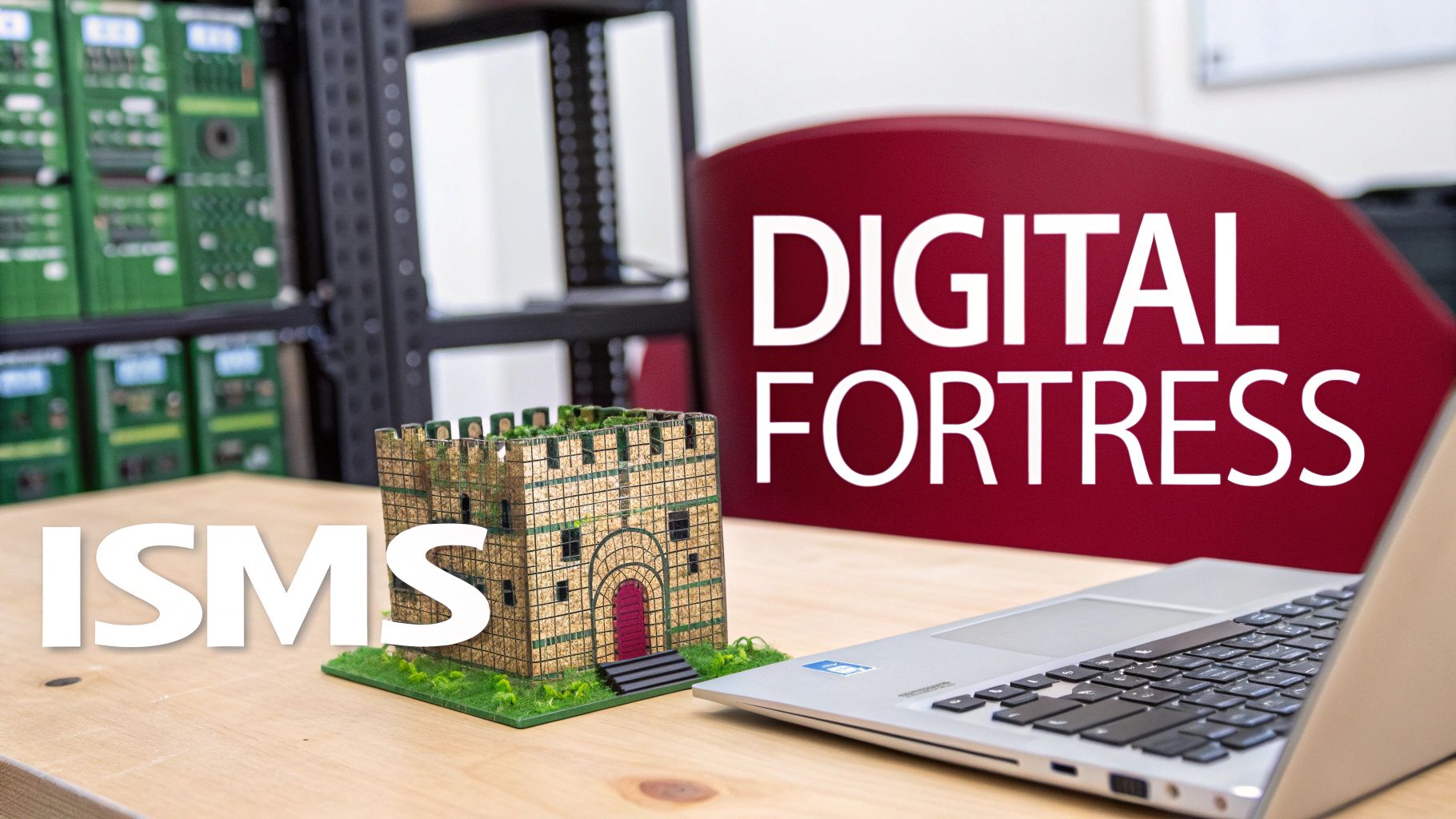 Close-up of a desk with a castle model, laptop, and 'ISMS' and 'Digital Fortress' text, symbolizing information security.