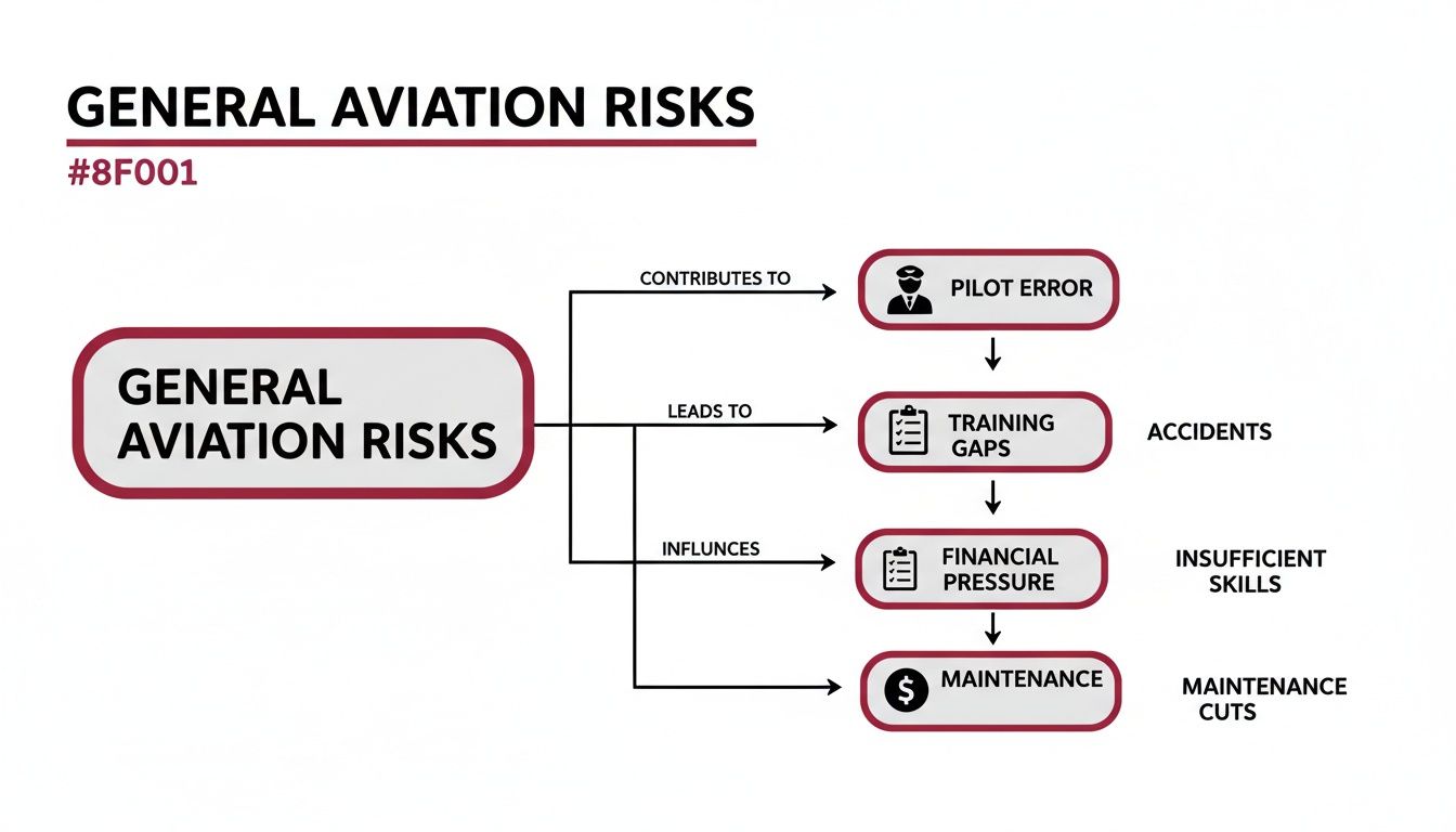 Flowchart illustrating General Aviation Risks, their causes like pilot error, training gaps, financial pressure, and maintenance impacts.