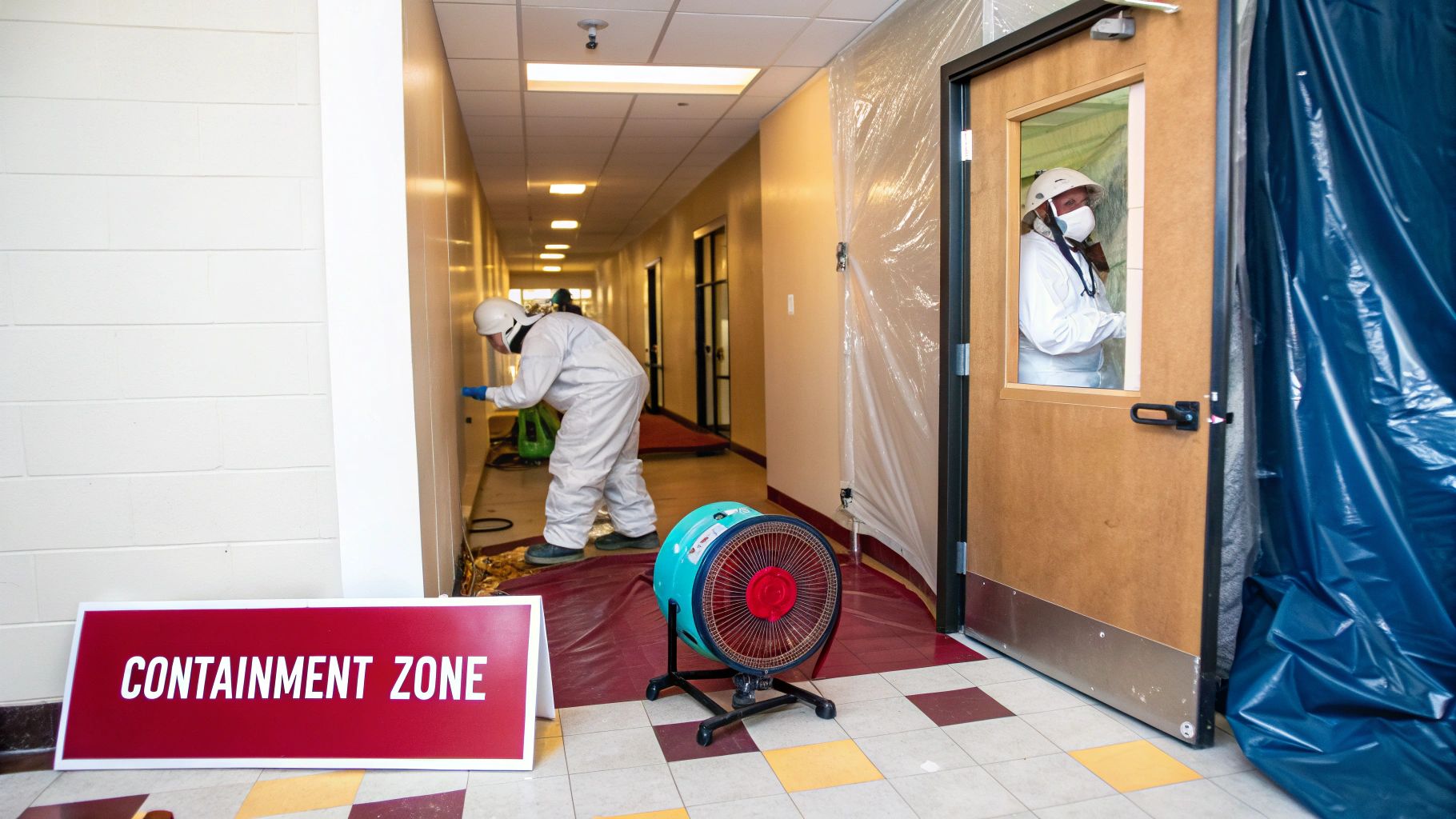 Workers in protective gear clean a hallway, marked as a containment zone, with a fan.