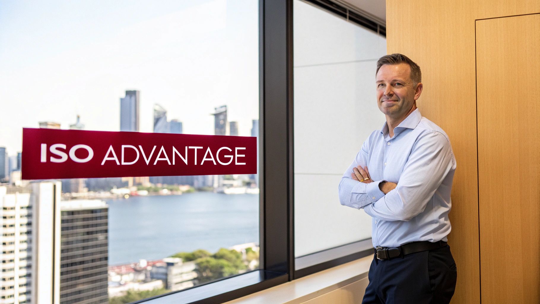 A smiling man, arms crossed, next to an office window overlooking a city with an 'ISO ADVANTAGE' sign.