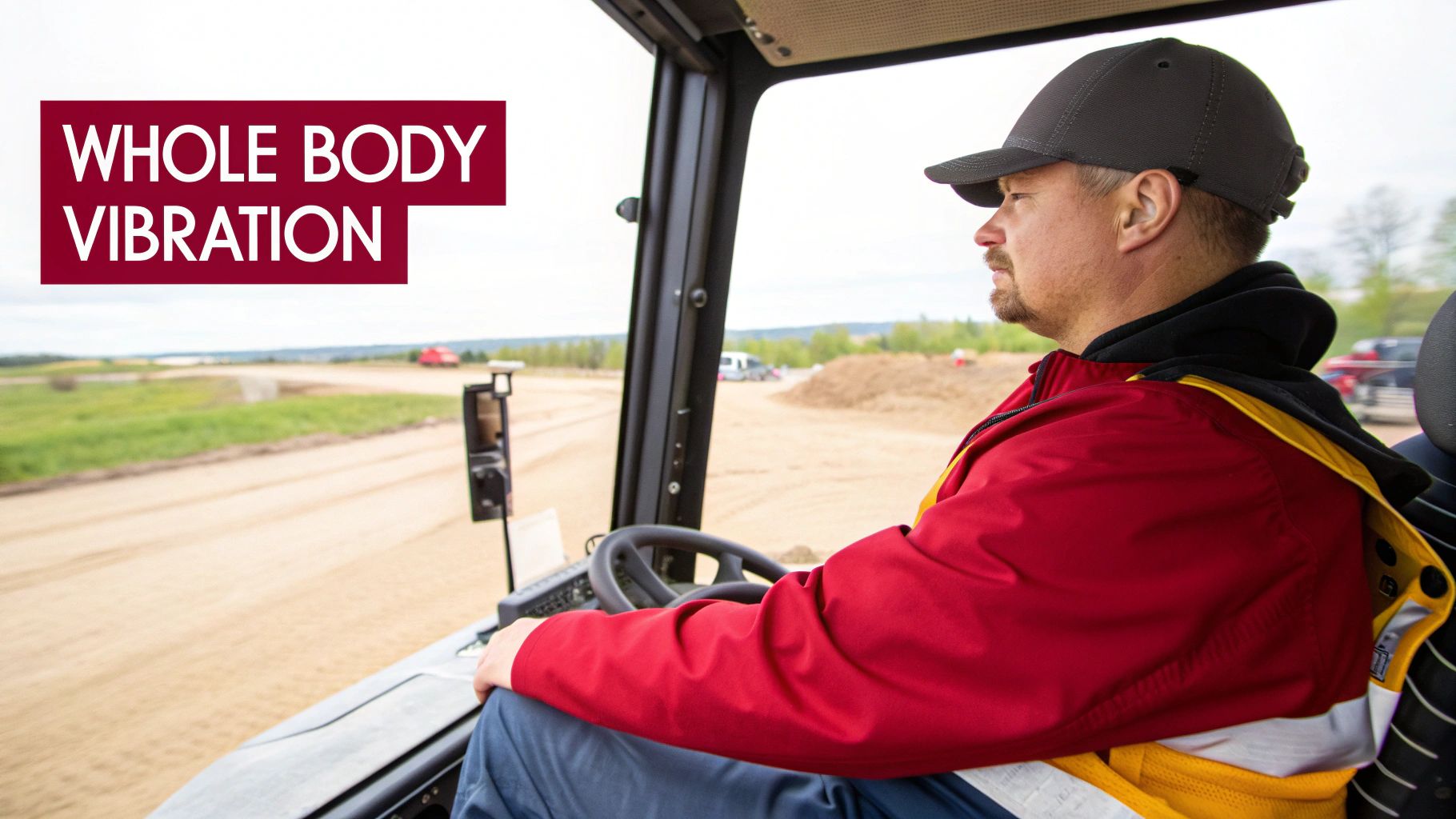 A man in a red jacket and grey cap driving heavy machinery outdoors, with 'WHOLE BODY VIBRATION' text overlay.