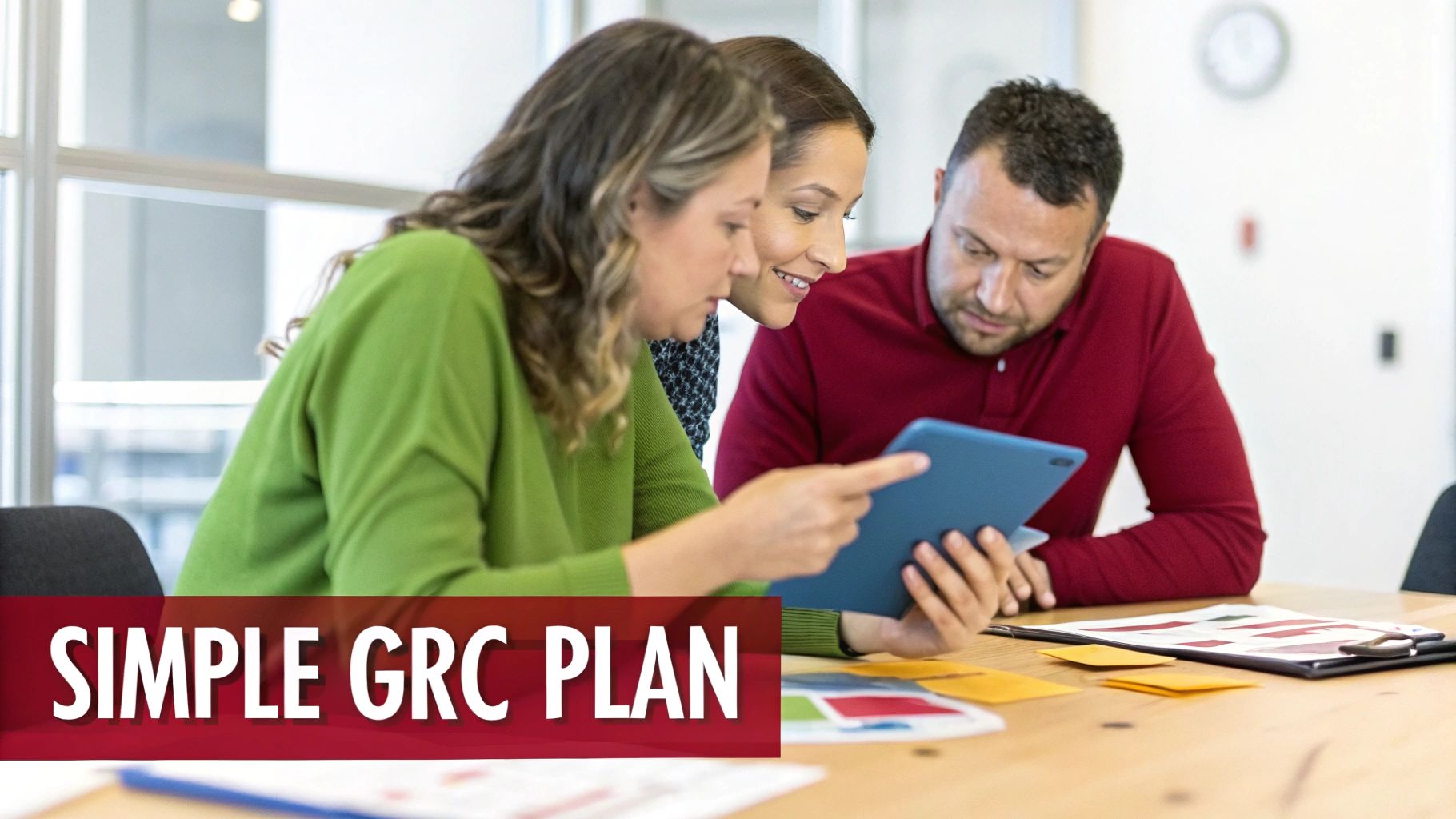 Three diverse professionals collaborate, looking at a tablet in an office meeting. It depicts business strategy.