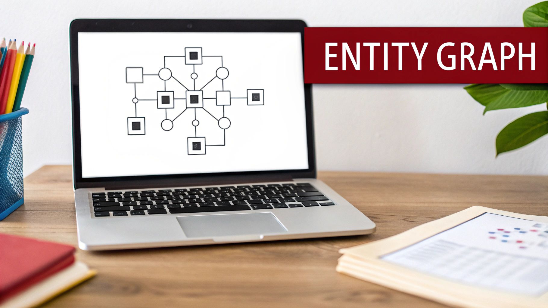 A laptop on a wooden desk displays an entity graph diagram, with a red banner showing 'ENTITY GRAPH'.