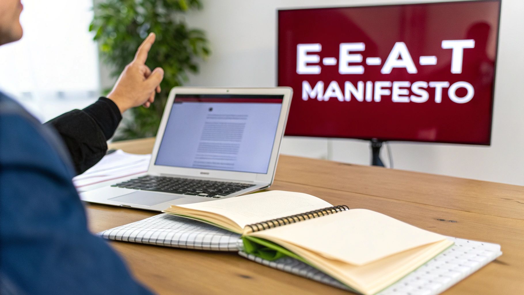A person points to a laptop and a TV screen displaying 'E-E-A-T Manifesto' during a presentation.