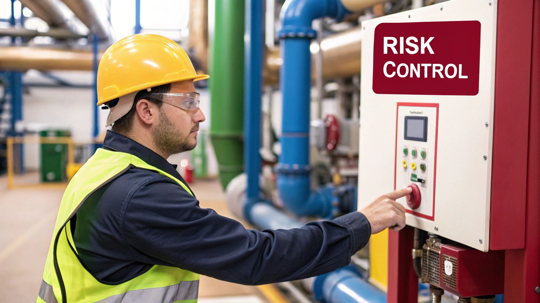 A worker wearing a hard hat and safety vest, reviewing a safety checklist on a tablet in an industrial setting.