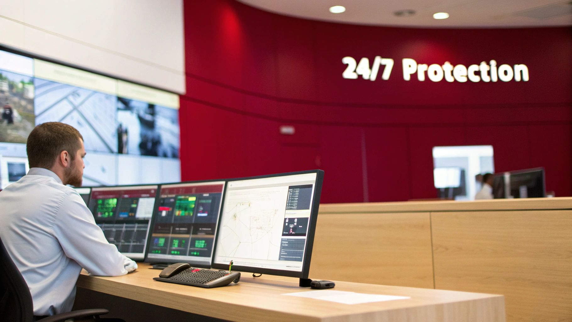 A man monitors multiple computer screens in a security control room with '24/7 Protection' on the wall.