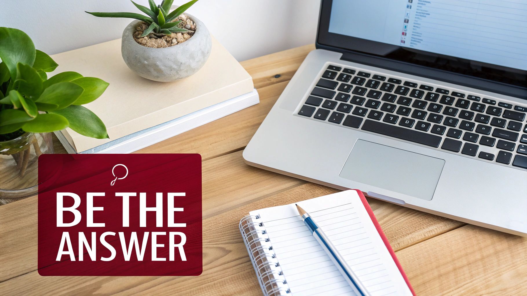A wooden desk with a laptop, notebook, two potted plants, and a red 'BE THE ANSWER' sign.