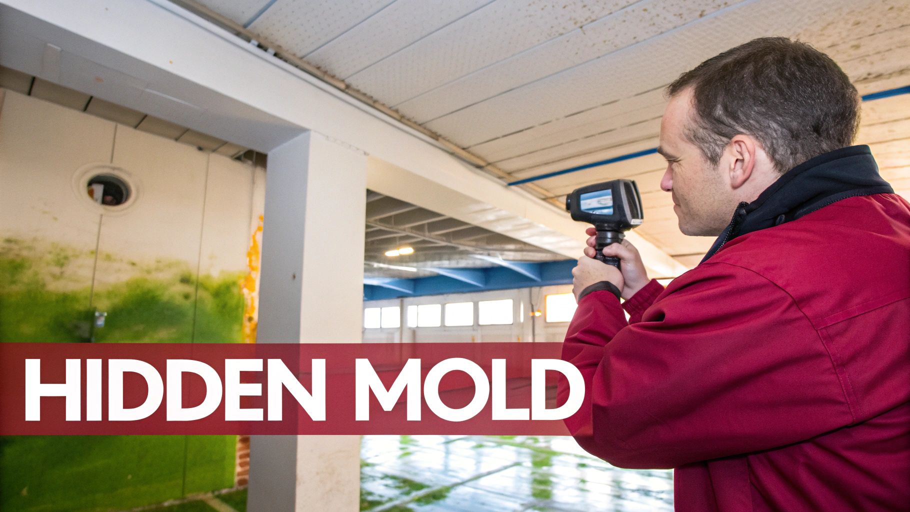 Professional inspecting a building for hidden mold with a thermal imaging camera.