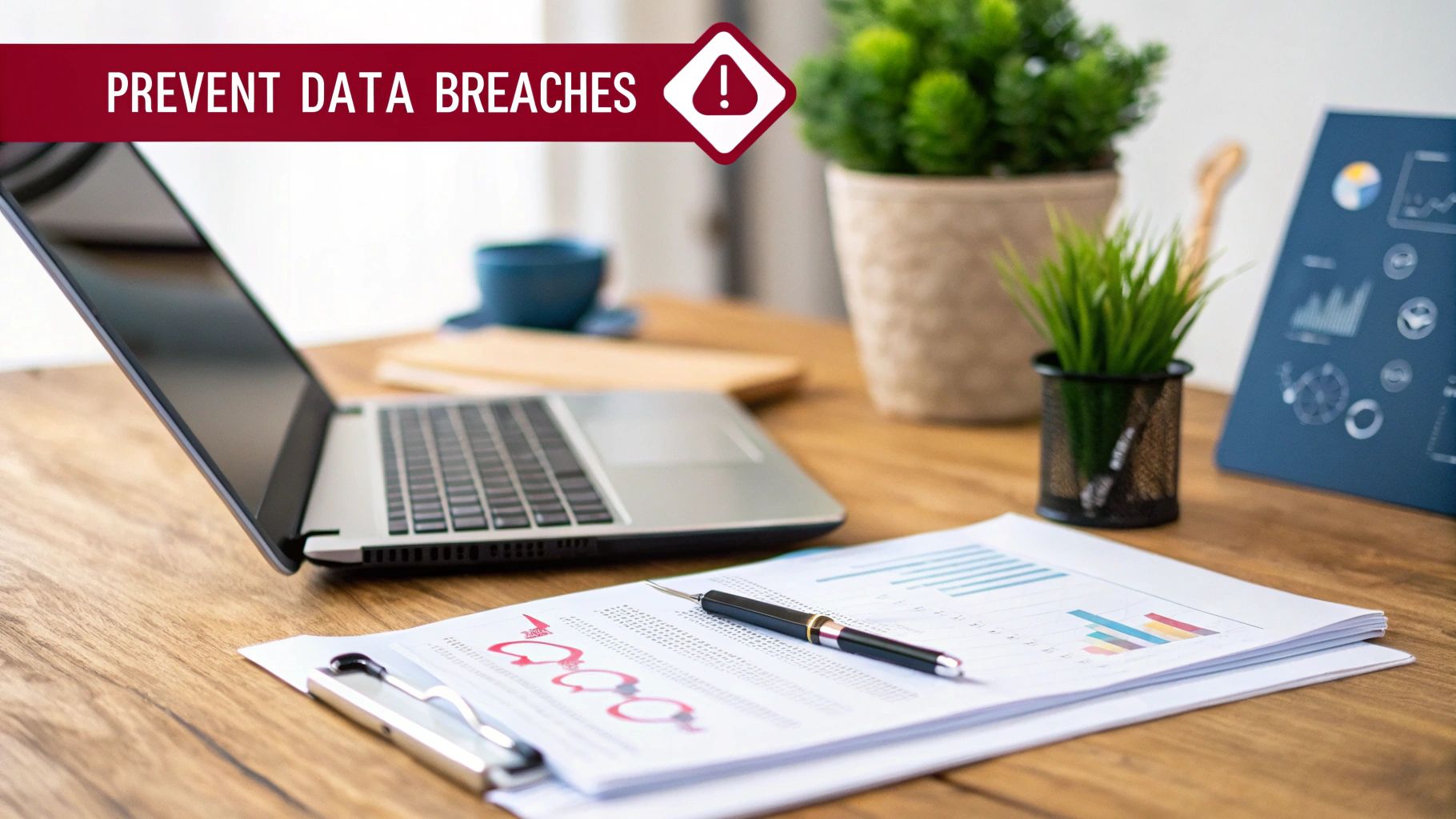 A laptop, documents with charts, and a pen on a desk, illustrating data security.