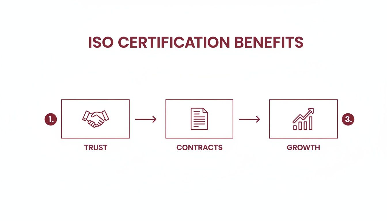 Infographic illustrating the benefits of ISO certification: trust, contracts, and growth with relevant icons.