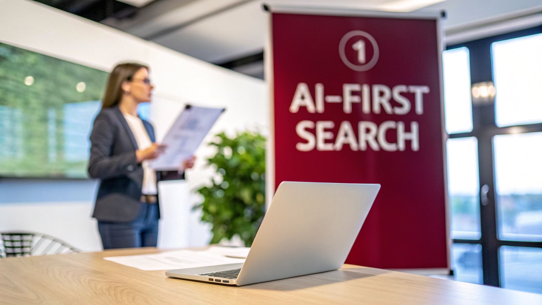 A blurred woman presents with papers in hand, a laptop on a table, and an 'AI-FIRST SEARCH' banner.